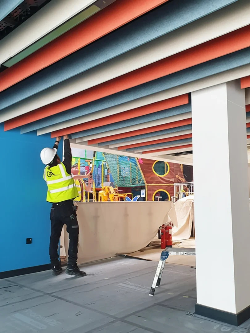 Building Interiors Baffle Ceilings Acoustic Baffles Ceiling Installation Leisure Centre Fitout Acoustic Solutions Interior Fit Out Acoustic Performance